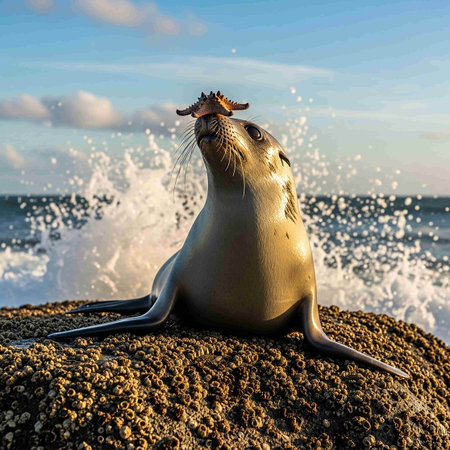 sea lion on the beach at sunset in the wild. 3d renderの写真素材