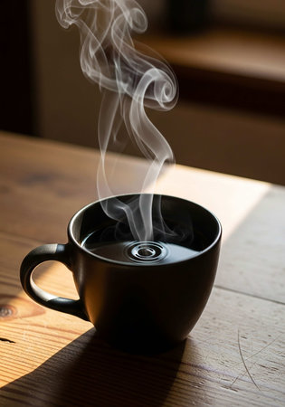 Coffee cup with steam on the wooden table in the morningの写真素材