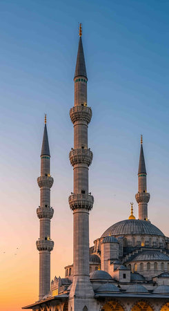 Minaret of Sultan Ahmet Mosque at sunset, Istanbul, Turkeyの写真素材