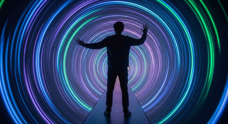 Silhouette of a man in a dark room with a glowing neon tunnelの写真素材