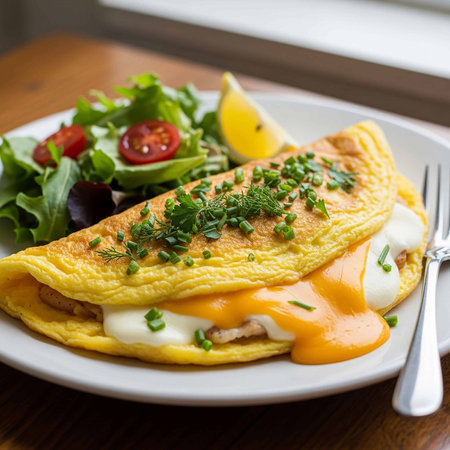Omelet with cheese, tomato and salad on a wooden tableの写真素材