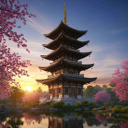 Beautiful pagoda with cherry blossom at sunset in Japan.の写真素材