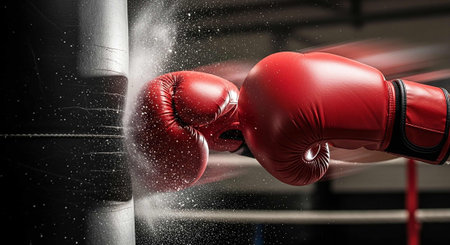 Boxing gloves hitting a punching bag in the gym. Mixed mediaの写真素材