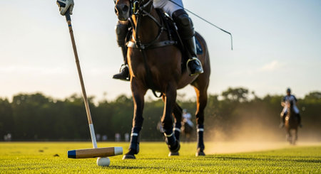 Polo player on the field at sunset, close-up.の写真素材