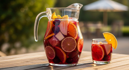 Sangria in a jug and glasses on a wooden table in the gardenの写真素材