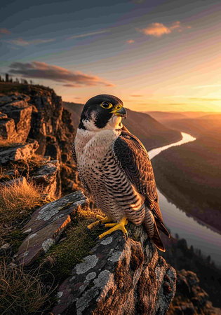 Peregrine falcon (Falco peregrinus) sitting on a rock during sunsetの写真素材