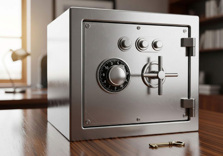 3d rendering metal safe with keys on wooden table in office roomの写真素材