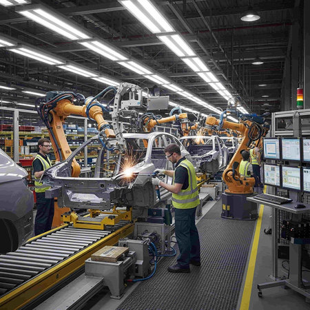 Automated production line in a factory. Assembly line of automobile industry.の写真素材