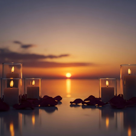 Candles and rose petals on the beach at sunset background.の写真素材