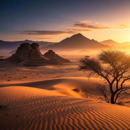 Landscape of Wadi Rum desert at sunrise, Jordan, Middle Eastの写真素材