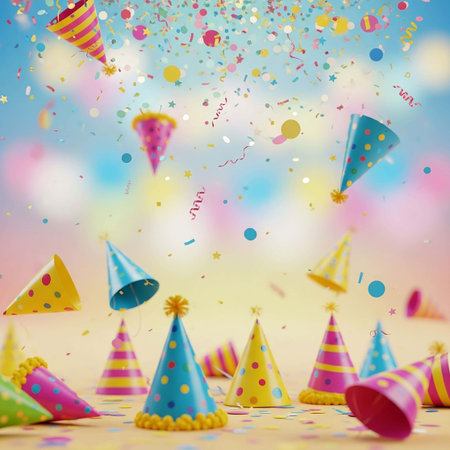 Birthday background with party hats and confetti. 3d renderingの写真素材