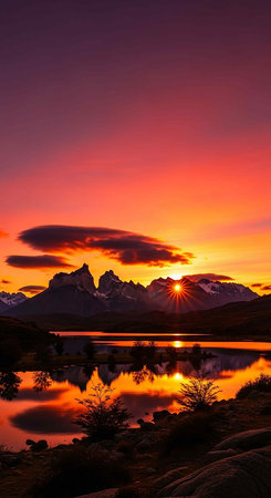 Sunset in Torres del Paine National Park, Patagonia, Chileの写真素材