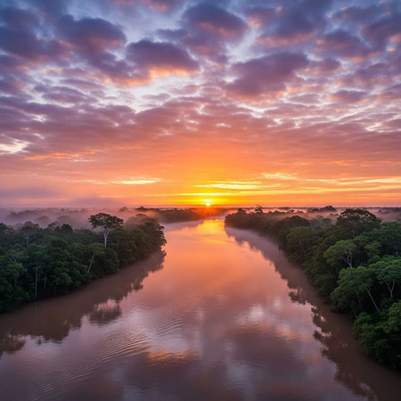Aerial view of the Amazon river at sunrise, Amazon, Brazilの写真素材