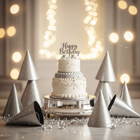 Beautiful cake with christmas tree, lights and bokehの写真素材