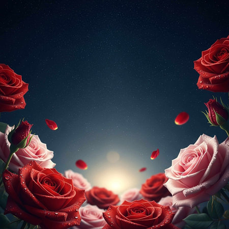 Red and white roses on a dark blue sky background with stars.の写真素材