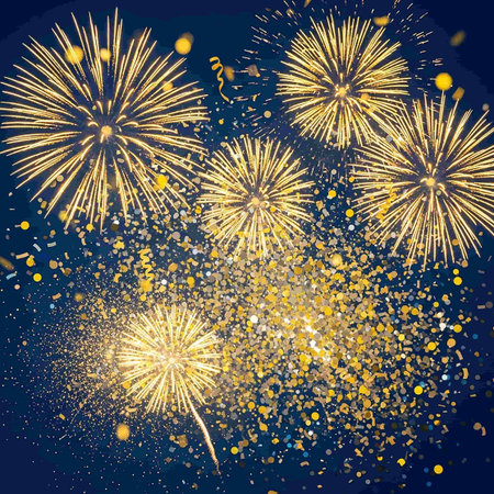 Fireworks background with golden confetti and sparkles. Vector illustration.