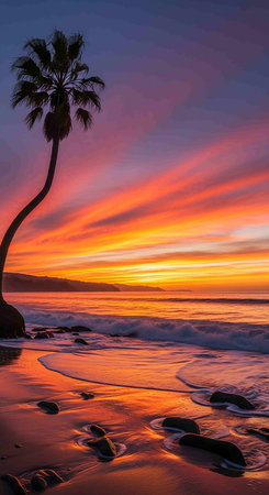 Beautiful sunset at the beach with palm trees in the foreground.の写真素材
