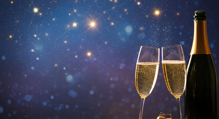 Glasses of champagne against fireworks and stars on blue background. New year celebrationの写真素材