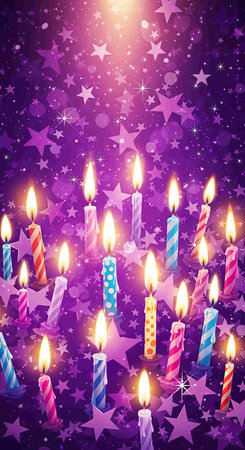 Birthday candles and stars on purple background with bokeh effectの写真素材