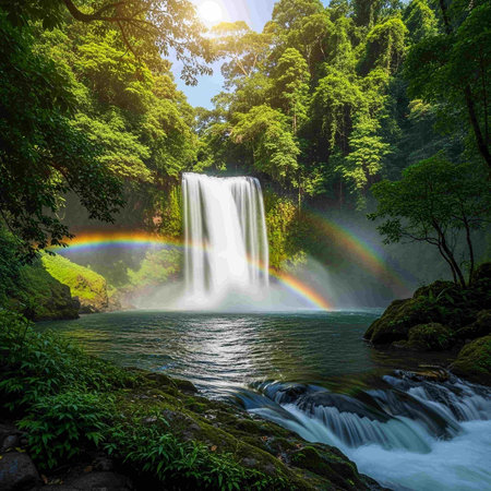 Rainbow and waterfall in the rainforest, natural landscape background.