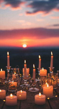 Burning candles in glass jars on a wooden table at sunset.の写真素材
