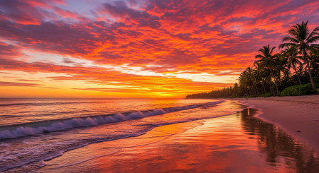 Beautiful sunset on the beach of Sri Lanka. Panorama.の写真素材