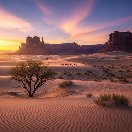 Monument Valley Navajo Tribal Park, Arizona, United States at sunsetの写真素材