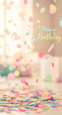 Happy Birthday against colourful confetti falling on bedside table in roomの写真素材