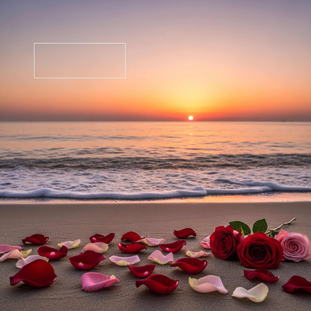 Frame made of rose petals on the beach at sunset with copy spaceの写真素材