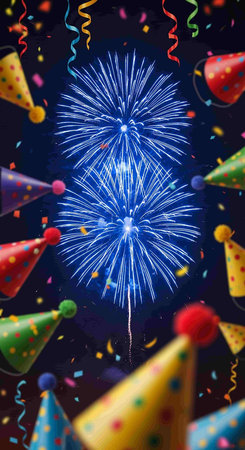 Illustration of Fireworks with balloons and confetti on dark backgroundの写真素材