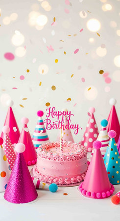 Birthday cake with candles and confetti on white wooden background.の写真素材