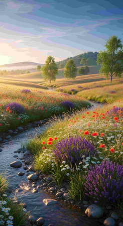 Summer landscape with blooming meadow and river. Nature composition.