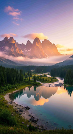 Mountain lake in the Dolomites at sunrise, Italy.の写真素材