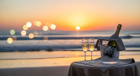 Romantic dinner on the beach with bottle of champagne and glasses.の写真素材