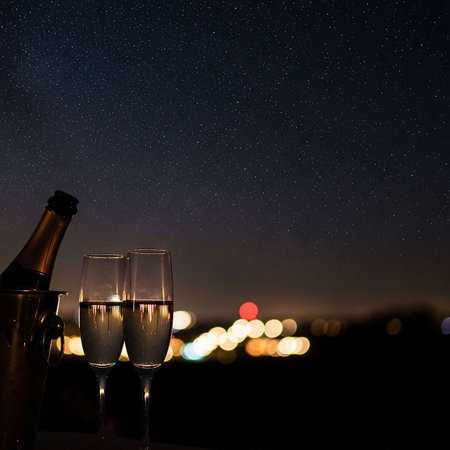 Two glasses of champagne on the background of the night city and the starry skyの写真素材