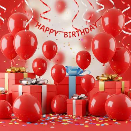 3d renderer image. Happy Birthday background with balloons and gift boxes.の写真素材