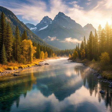 Fantastic autumn landscape of mountain river. Dramatic overcast sky. Artistic style. Beauty world.
