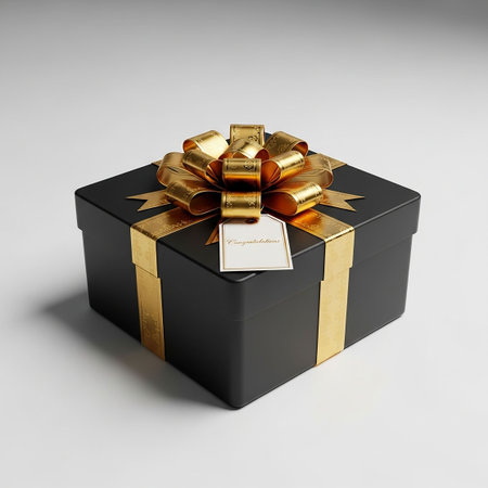 Black gift box with gold bow on white background.の写真素材