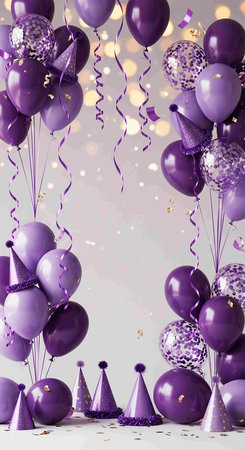 Purple balloons with confetti and party hats on a gray background