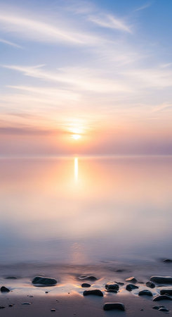 Beautiful sunset over the sea with reflection in water. Landscape.の写真素材