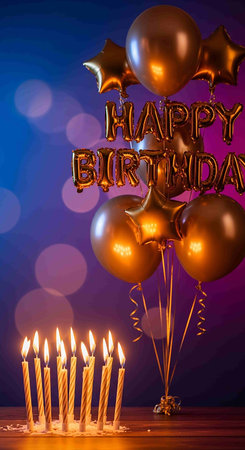 Happy birthday greeting card with burning candles and balloons. 3D renderingの写真素材