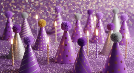 Purple birthday party caps with candles and confetti on purple background