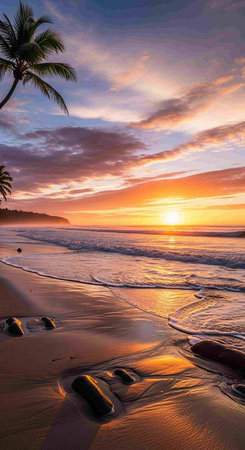 Tropical beach at sunset with palm trees and rocks, Sri Lanka