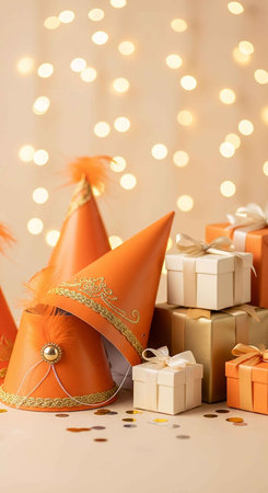 Party hat and gift boxes on bokeh background, celebration conceptの写真素材