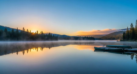 Sunrise on the lake in the mountains. Karelia, Russiaの写真素材
