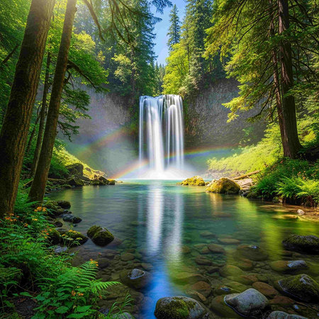 Waterfall in the forest. Beautiful summer landscape with waterfall and rainbowの写真素材