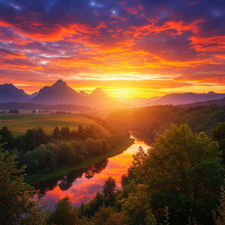 Majestic sunset in the mountains. Colorful summer landscape.
