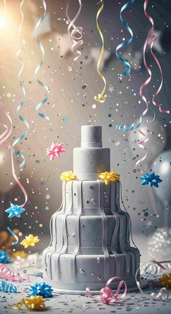 Birthday cake with ribbons and confetti. 3D renderingの写真素材