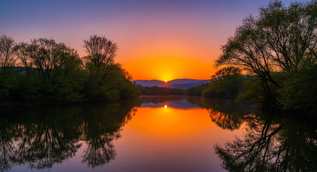 Sunset over the river with trees and reflection in the water.