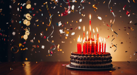 Birthday cake with burning candles and confetti on wooden table in dark roomの写真素材